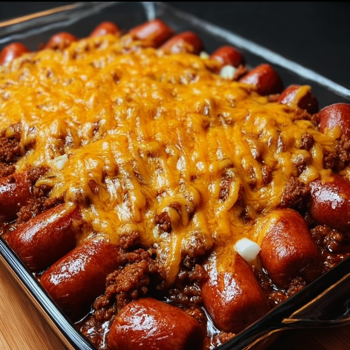 A delicious chili cheese dog casserole with a generous amount of cheese and chili.