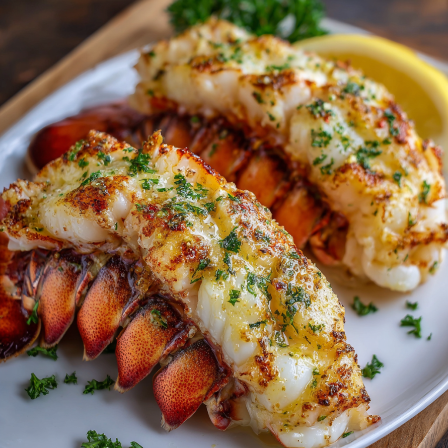A plate of lobster tails with garlic butter and herbs on top.