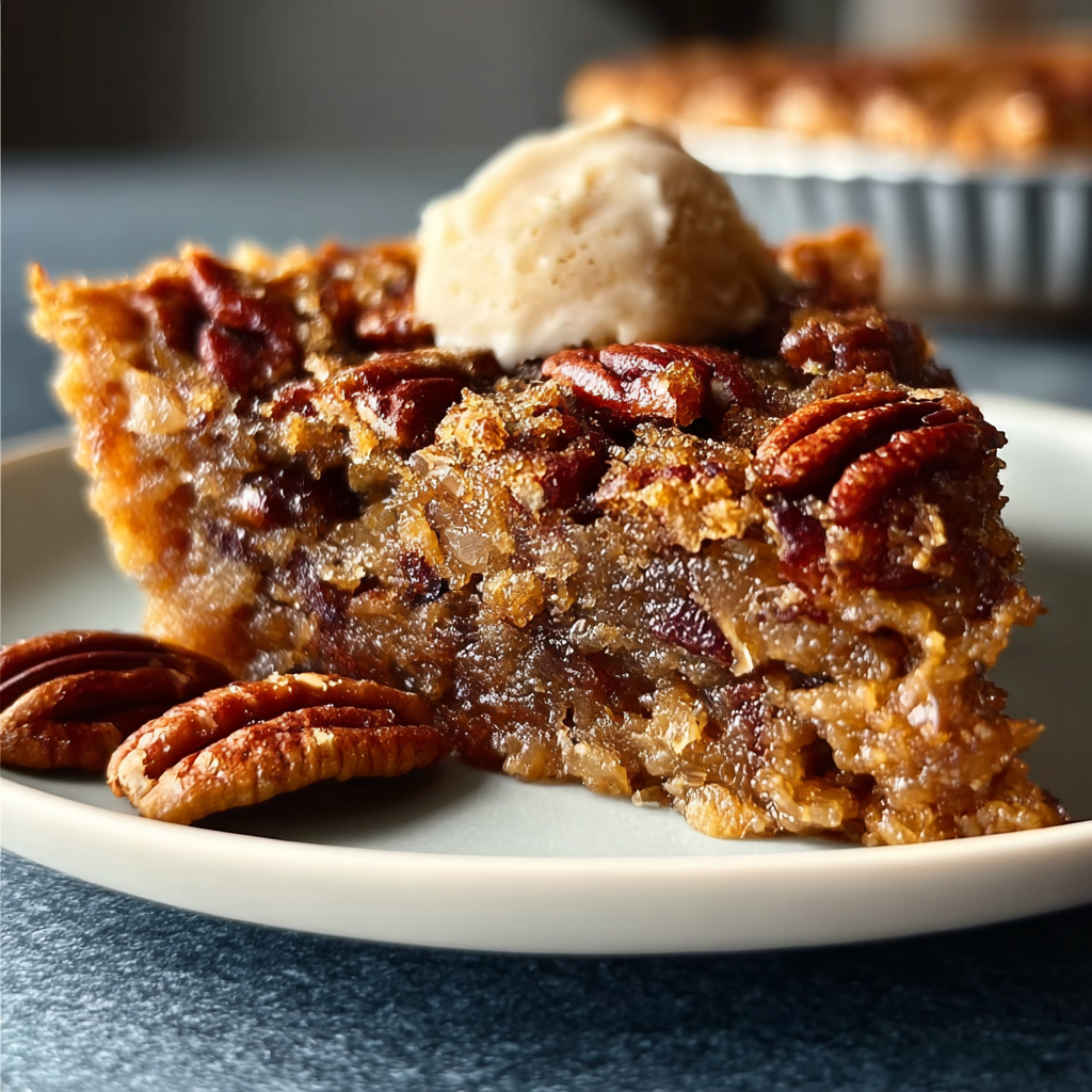 A slice of Pecan Pie Dump Cake with a scoop of ice cream on top.