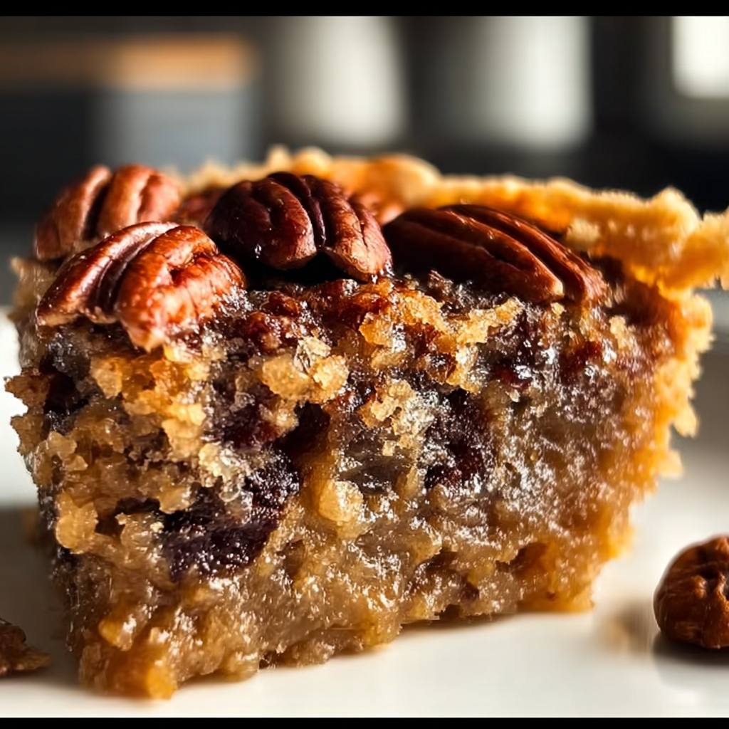 A slice of pecan pie on a white plate.
