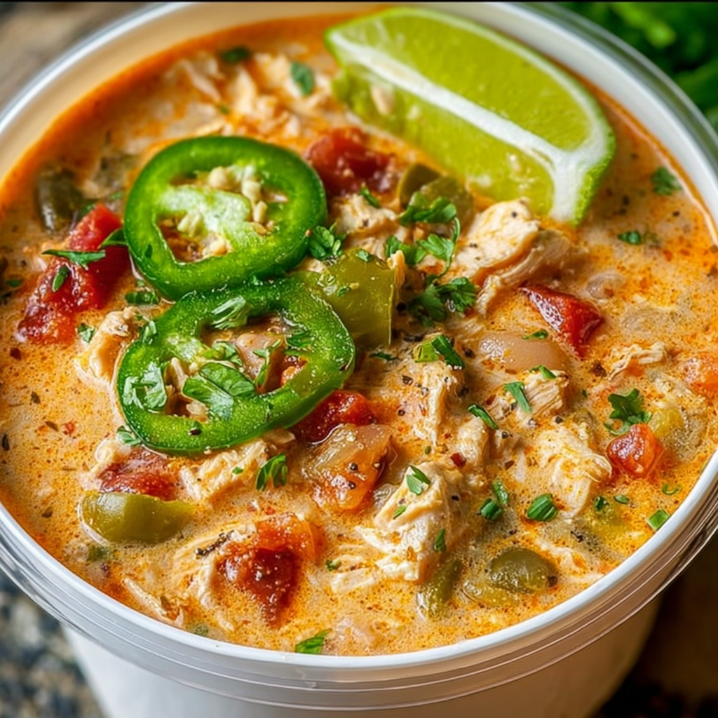 A bowl of Cajun White Chicken Chili with a green pepper and lime wedge on top.