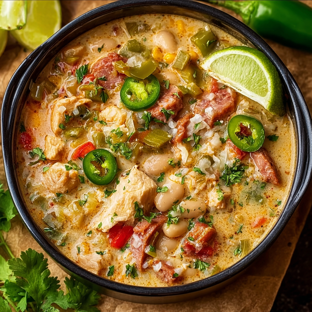 A bowl of chili with a variety of ingredients, including beans, peppers, and meat.