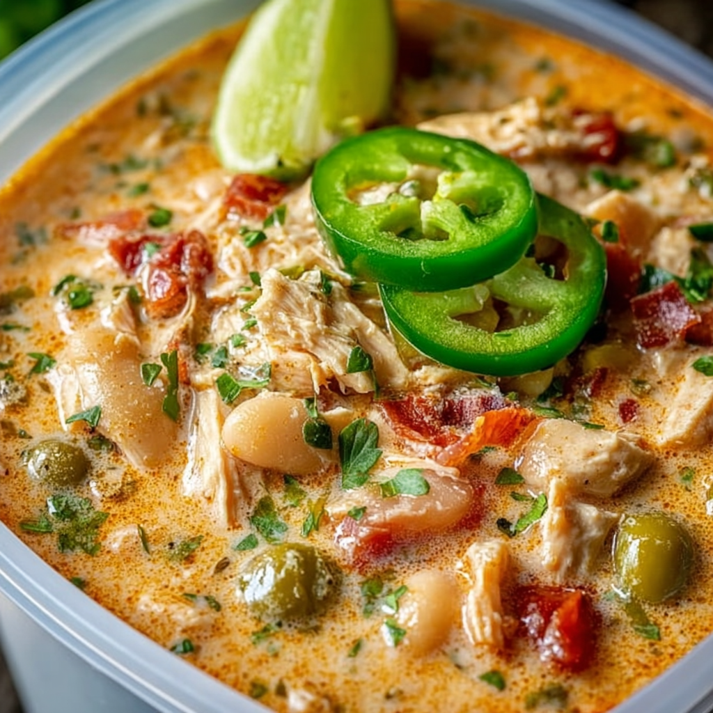 A bowl of chicken soup with a slice of lime and a jalapeno pepper on top.