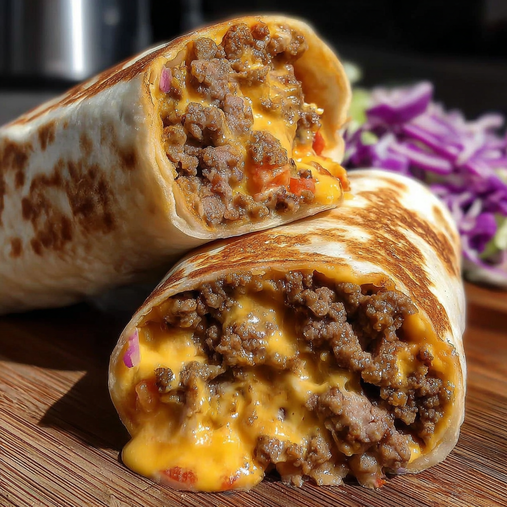 Two cheeseburger burritos, animal style, are served on a wooden table.