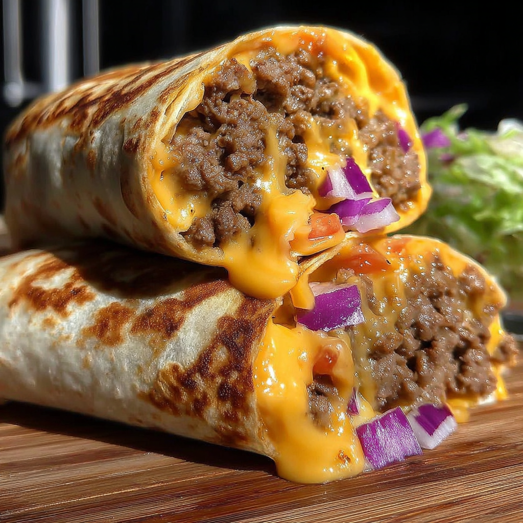 A delicious burrito filled with meat and cheese, ready to be enjoyed.