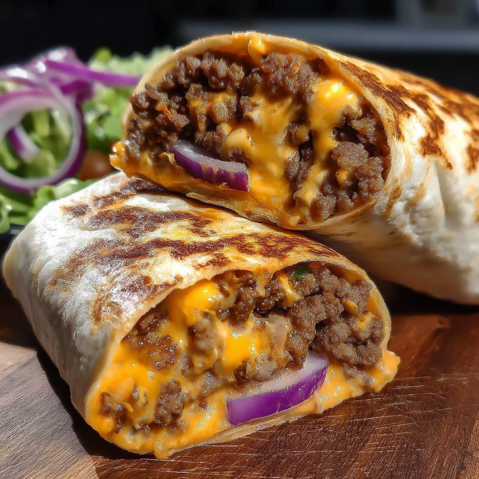 A delicious burrito filled with meat and cheese is served on a wooden table.