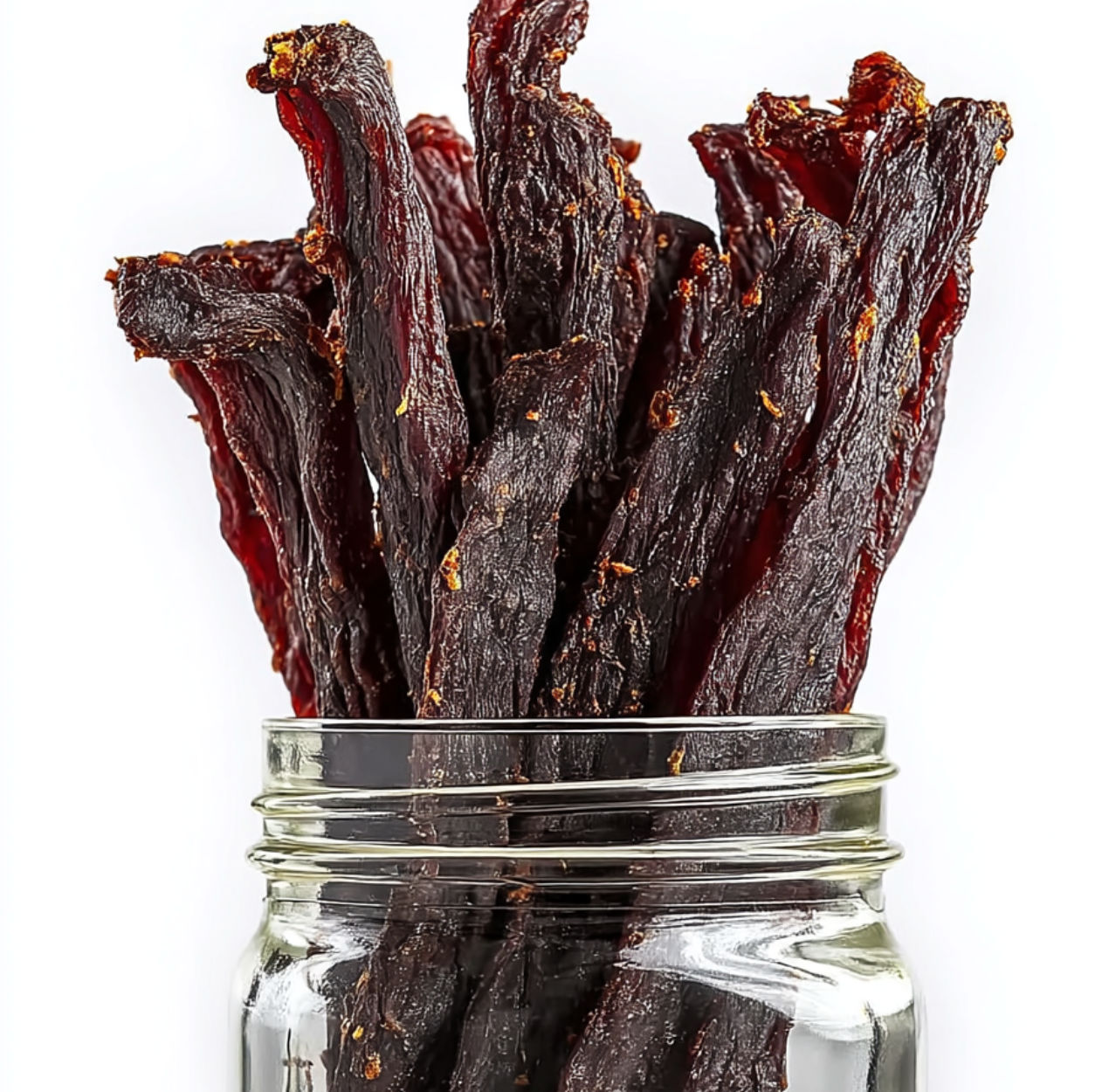 A jar of beef jerky with a bunch of sticks sticking out.