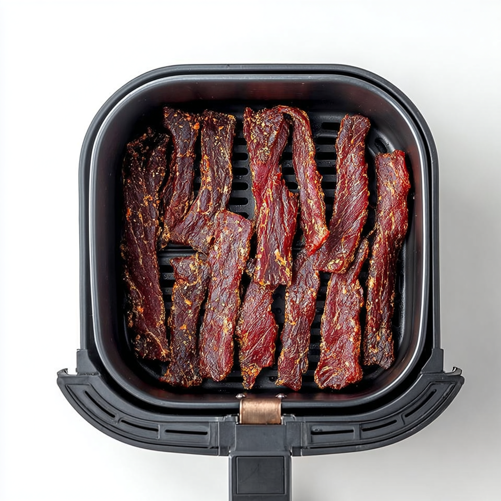 A close-up of a homemade beef jerky in the air fryer.