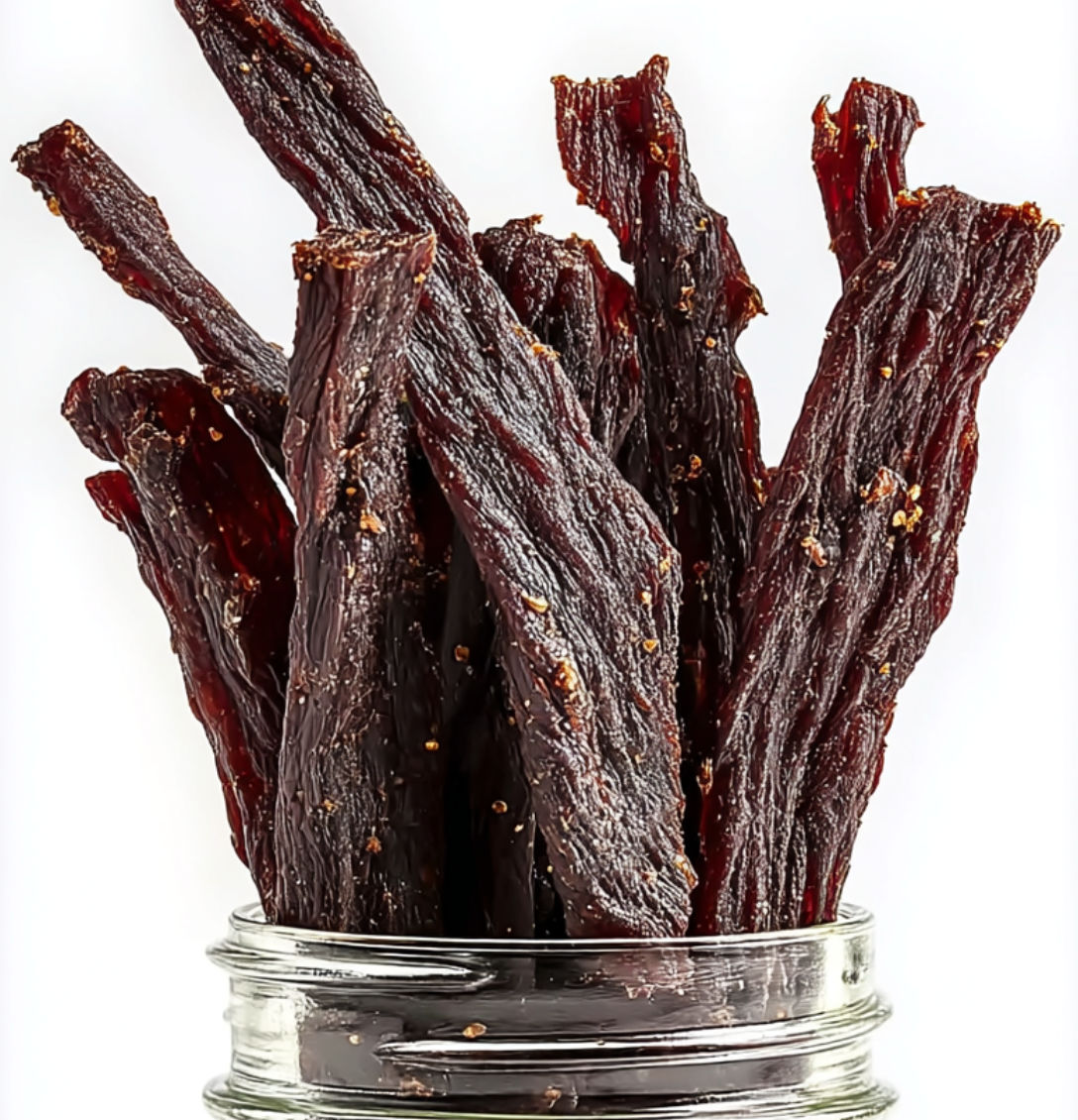 A jar of beef jerky is displayed, ready to be cooked in an air fryer.