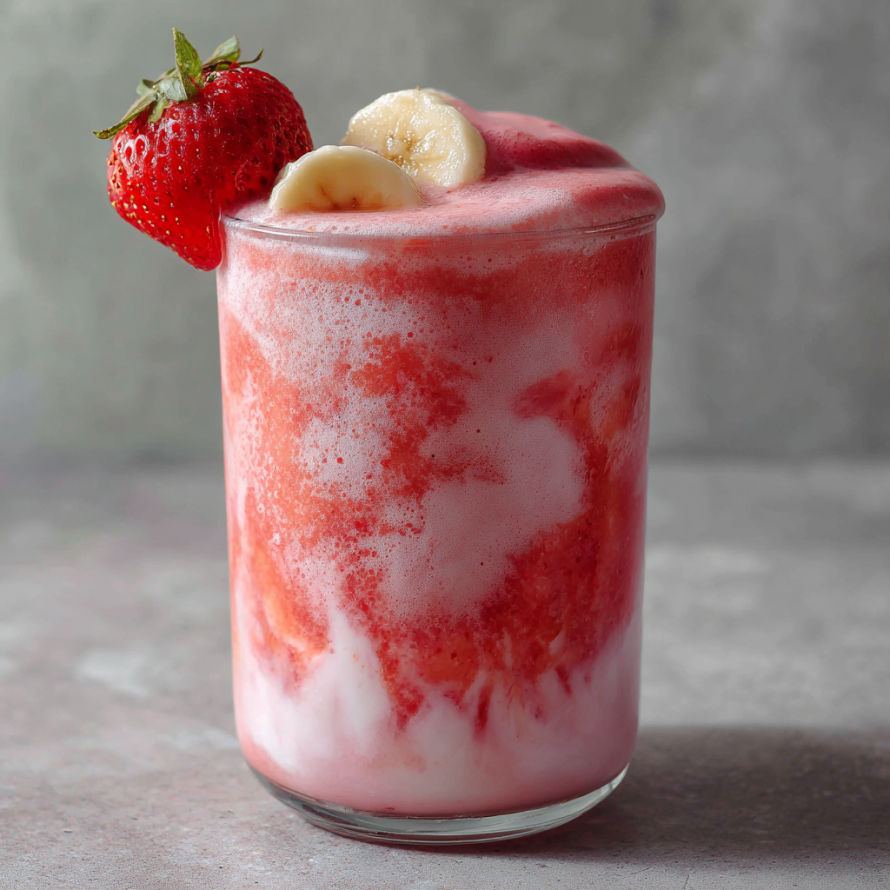 A glass of strawberry banana smoothie with a strawberry on top.
