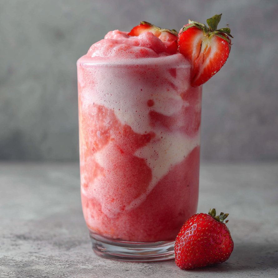 A glass of strawberry milk is served with a strawberry on the side.