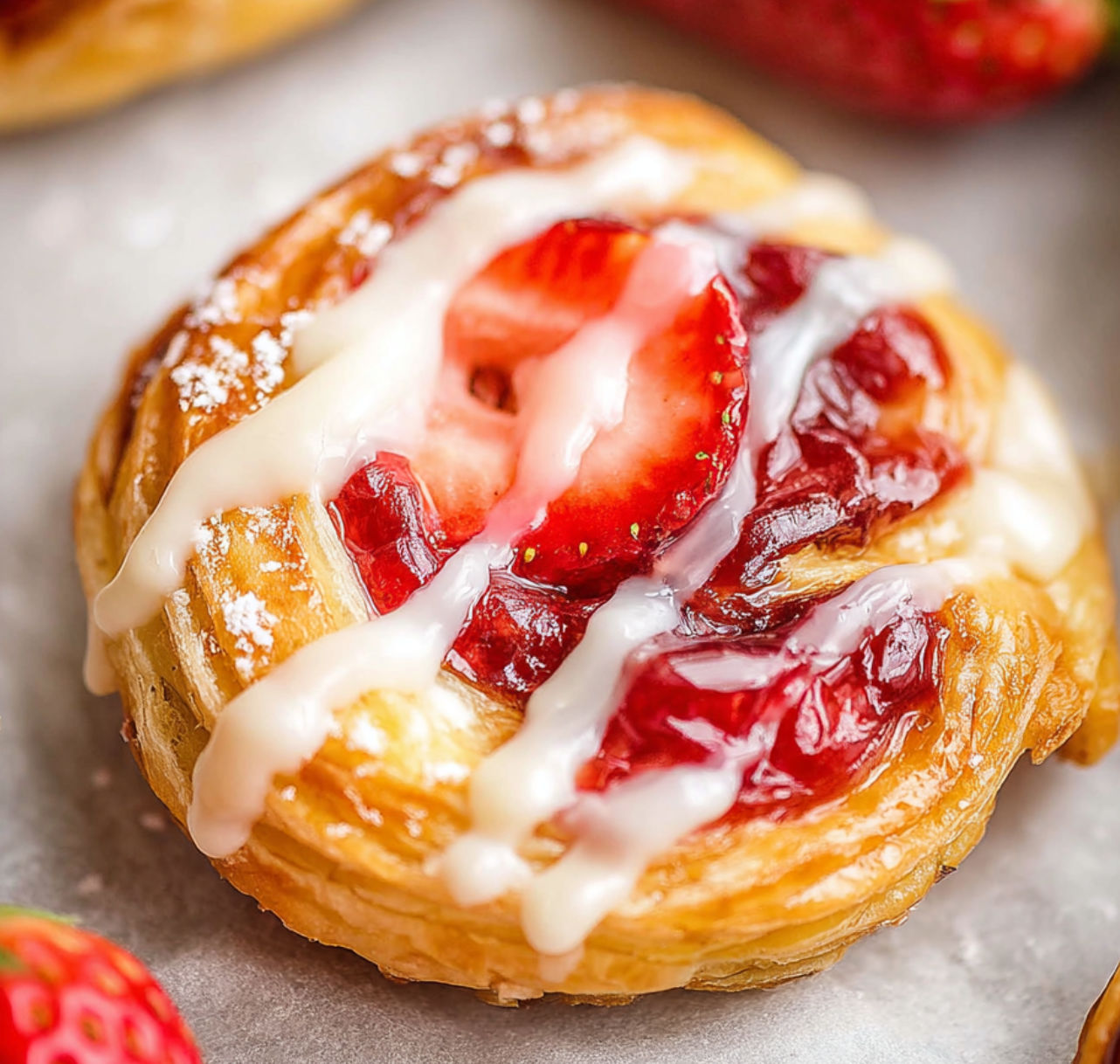 A pastry with strawberries and whipped cream on top, likely a strawberry danish.