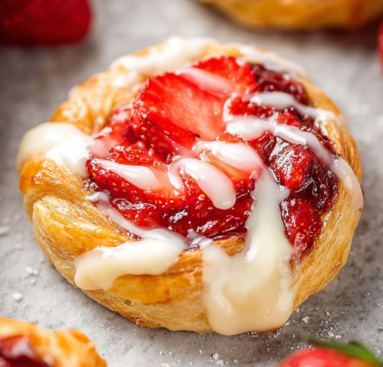 A pastry with strawberries and whipped cream on top.