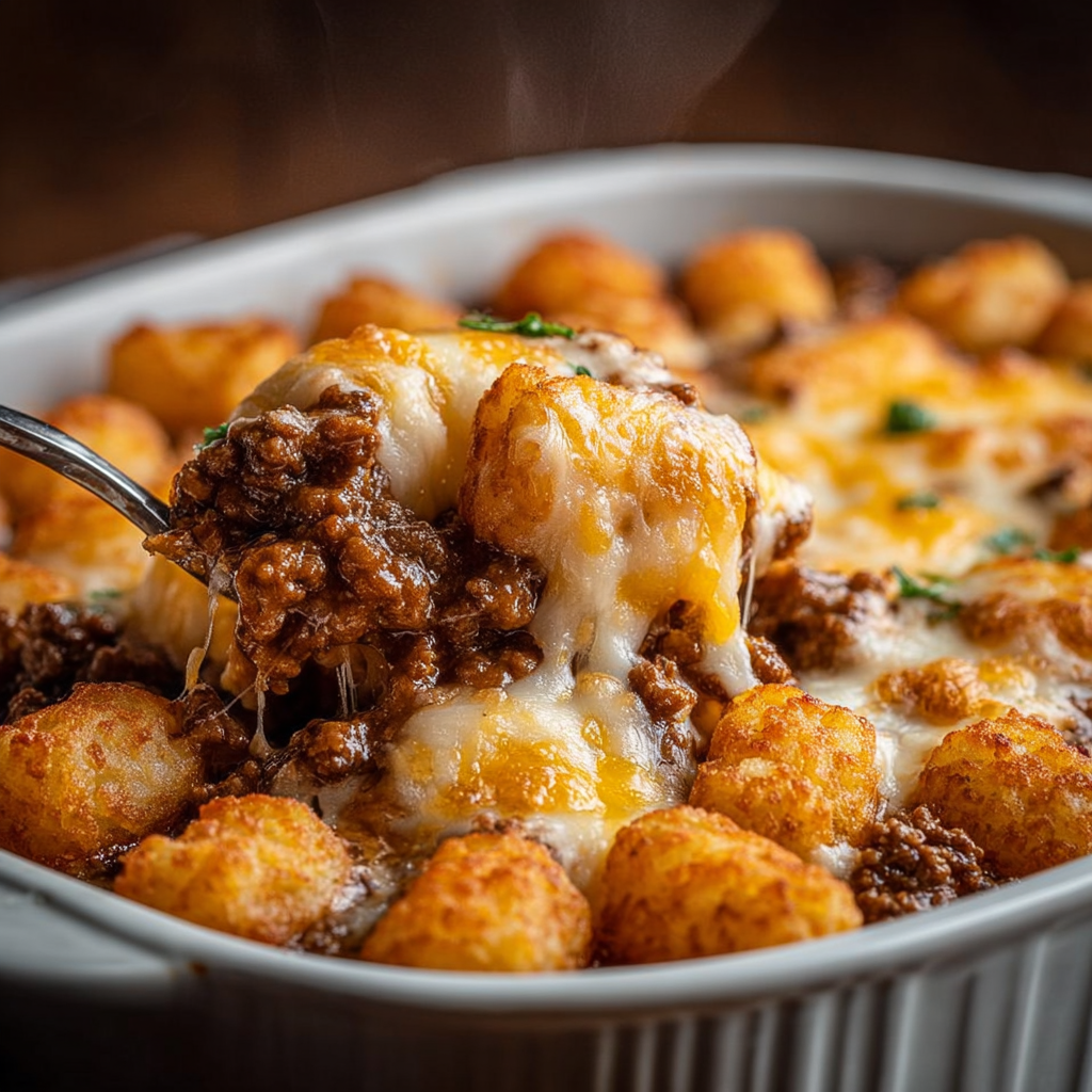 A delicious cheesy ground beef tater tot casserole is being served in a white bowl.