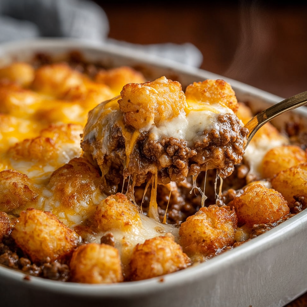 A close up of a delicious cheesy ground beef tater tot casserole being served on a plate.