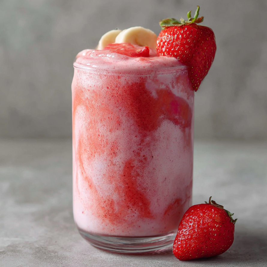 A glass of Glow-Up Strawberry Smoothie is topped with a strawberry and a banana.