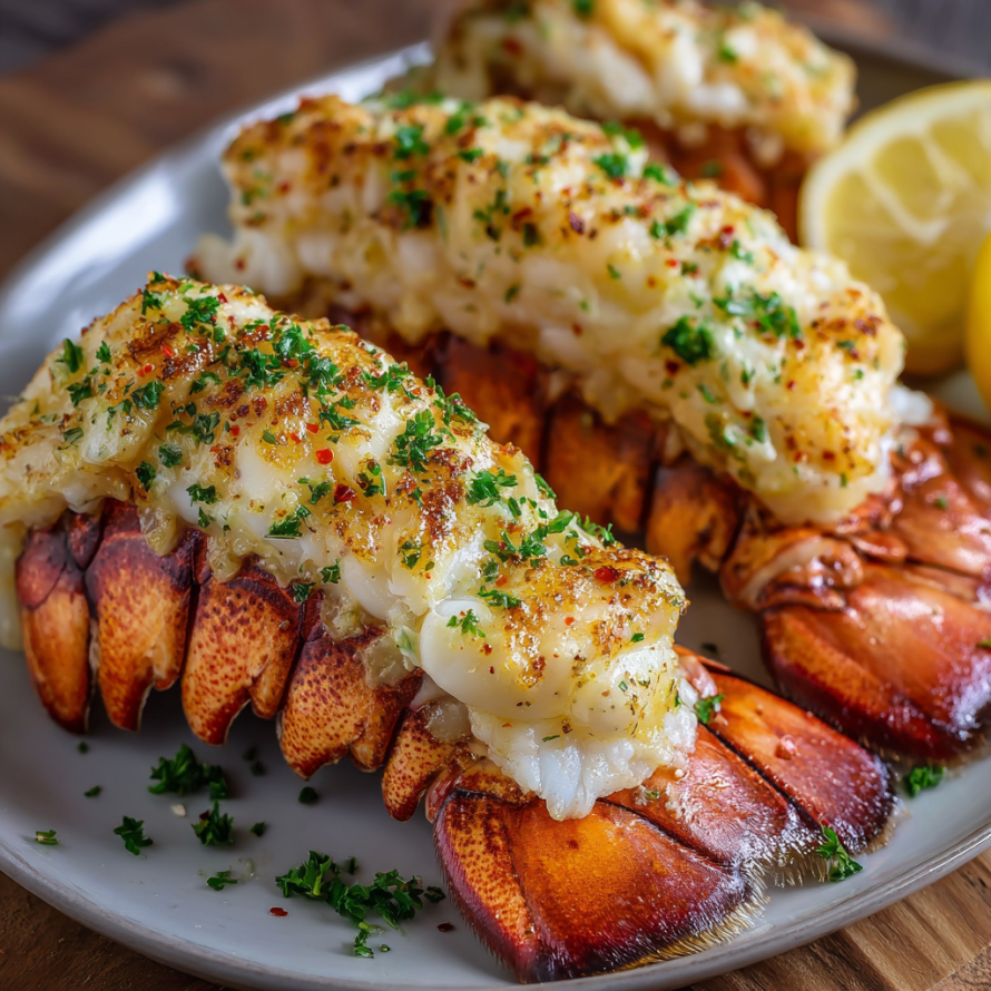 A plate of cooked lobster with herbs and lemon wedges on the side.