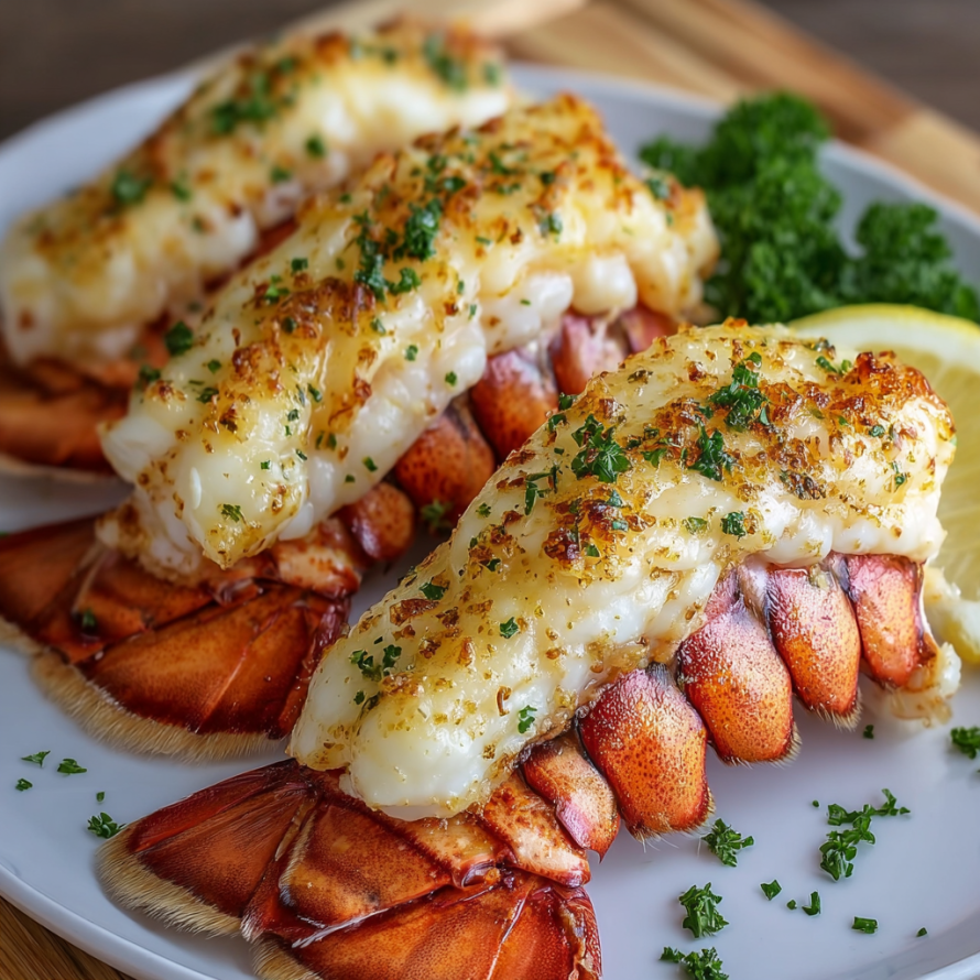 A plate of lobster with lemon wedges and herbs on top.