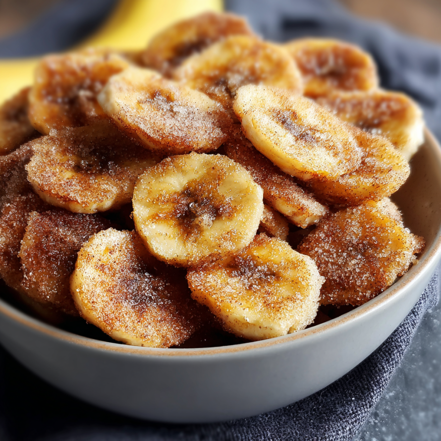A bowl filled with cinnamon sugar air fryer banana chips.