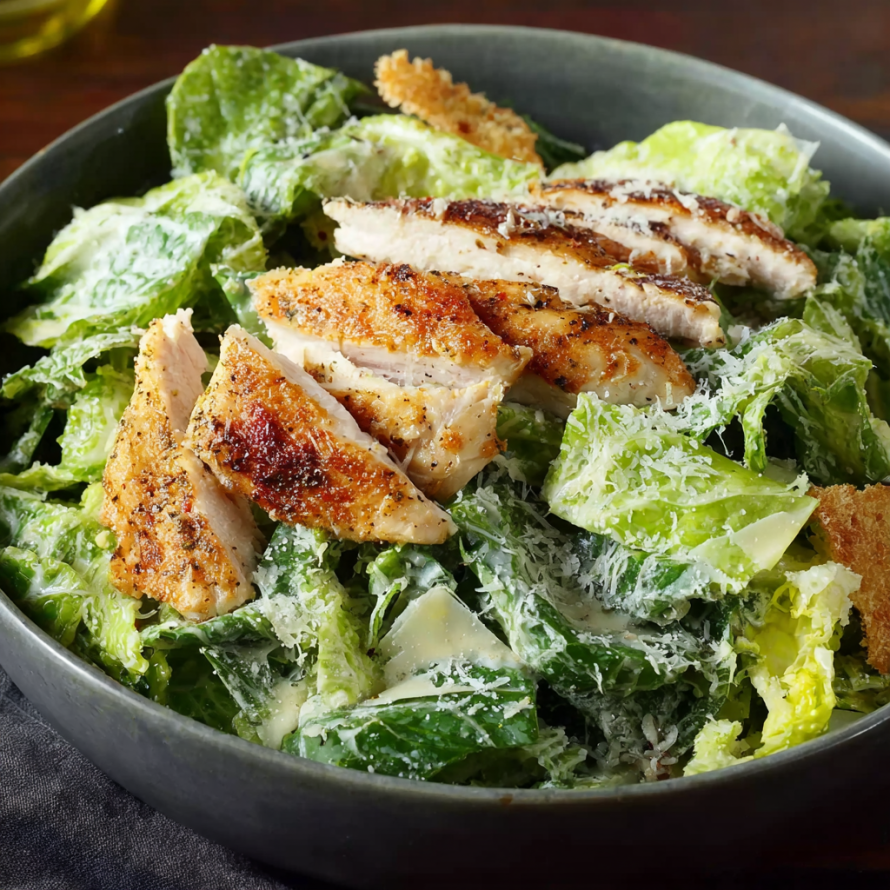 A bowl of Caesar salad with chicken and cheese.