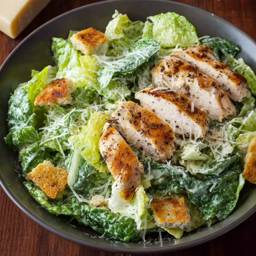 A bowl of chicken salad with cheese and croutons.