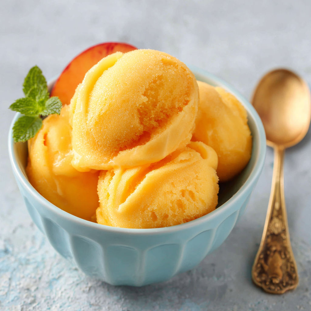 A bowl of peach sorbet with a spoon next to it.