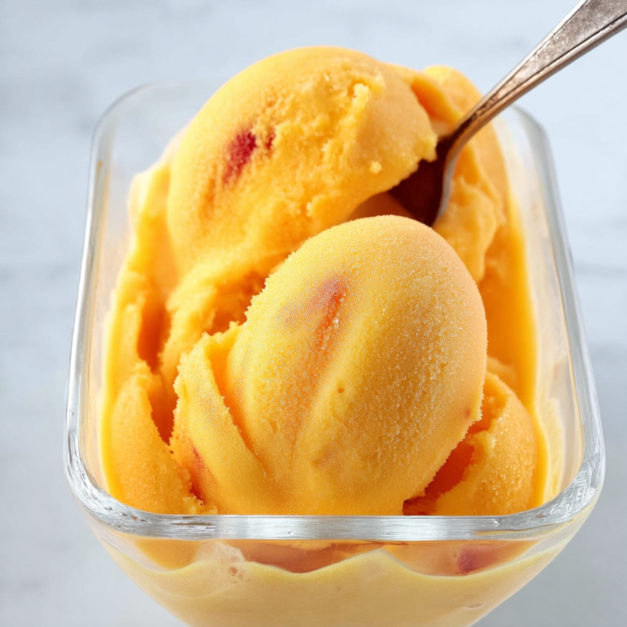 A bowl of orange and red frozen dessert with a spoon in it.