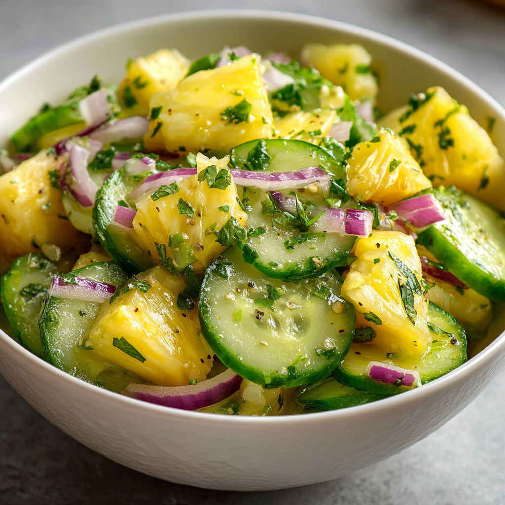 A bowl of sliced cucumbers, onions, and pineapple, with a sprinkle of spices, served as a healthy and refreshing salad.