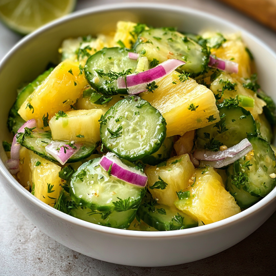 A bowl of fresh vegetables, including cucumbers and pineapple, is ready to be eaten.