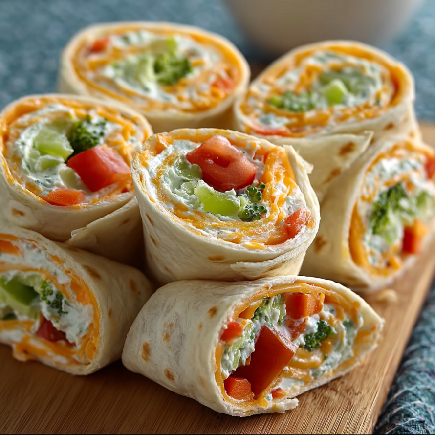 A plate of fresh vegetable tortilla roll-ups, including broccoli and carrots, are displayed on a wooden cutting board.