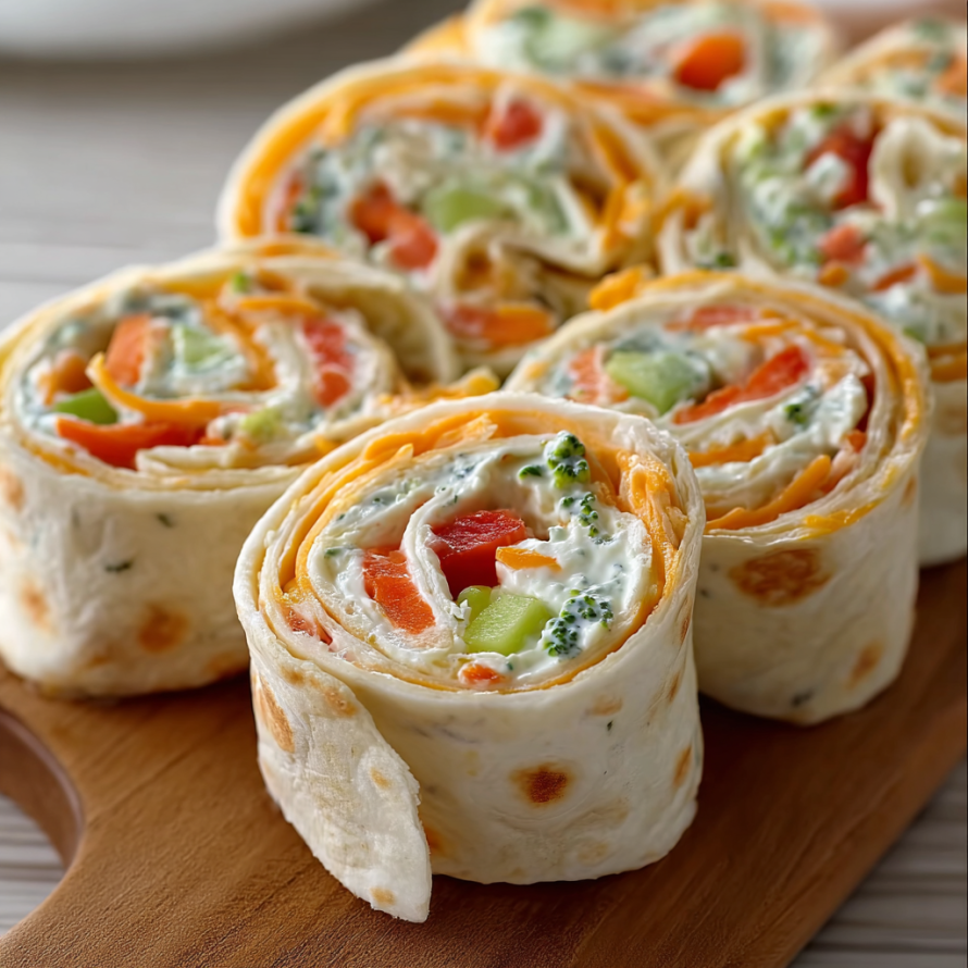 A wooden cutting board holds a variety of vegetable wraps, including carrots and broccoli.