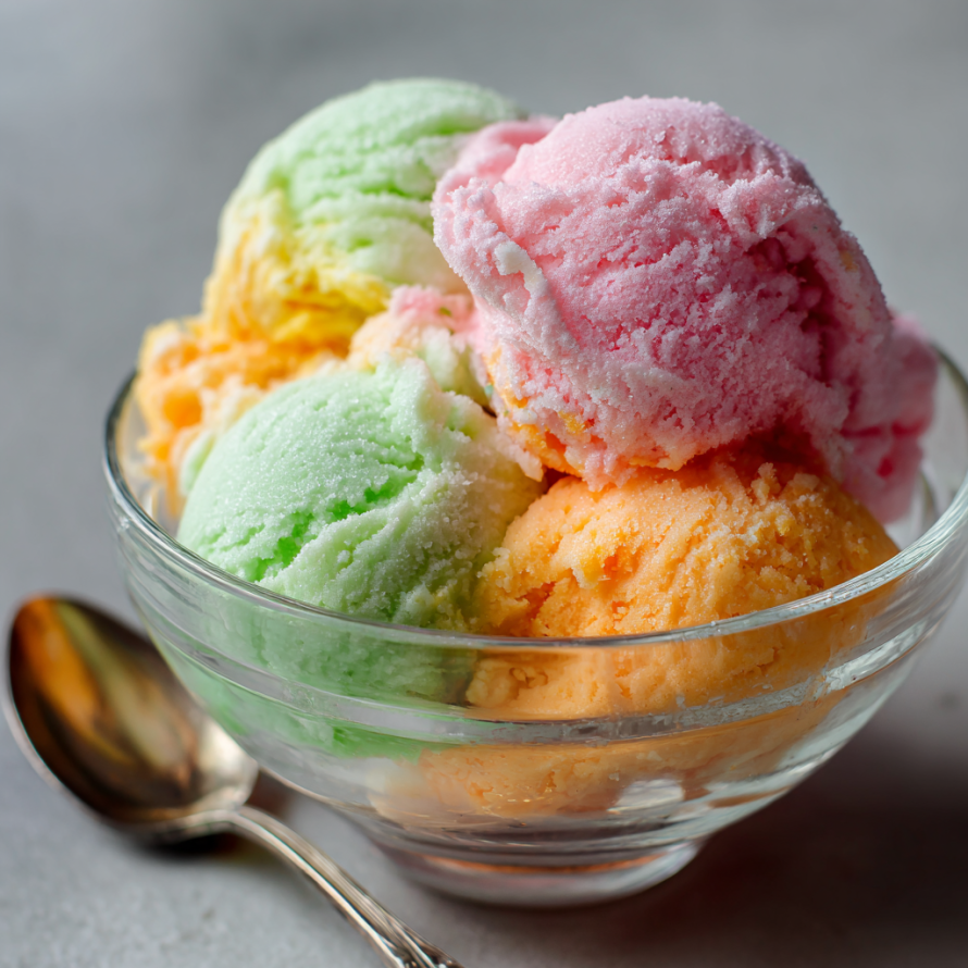 A bowl of colorful ice cream with a scoop of yellow, pink, and green flavors.