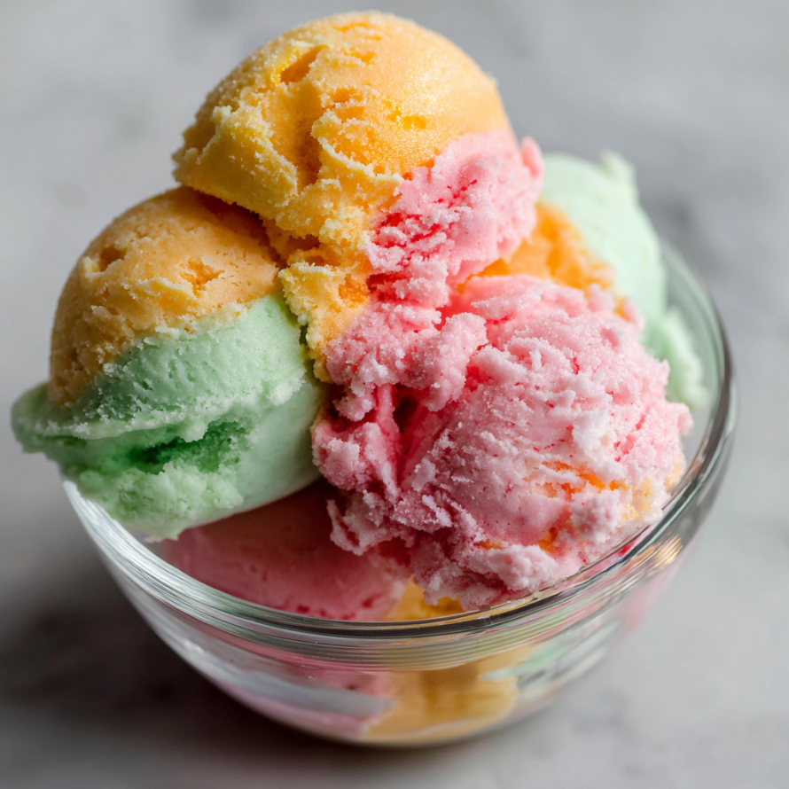 A bowl of colorful ice cream with a scoop of yellow, pink, and green flavors.