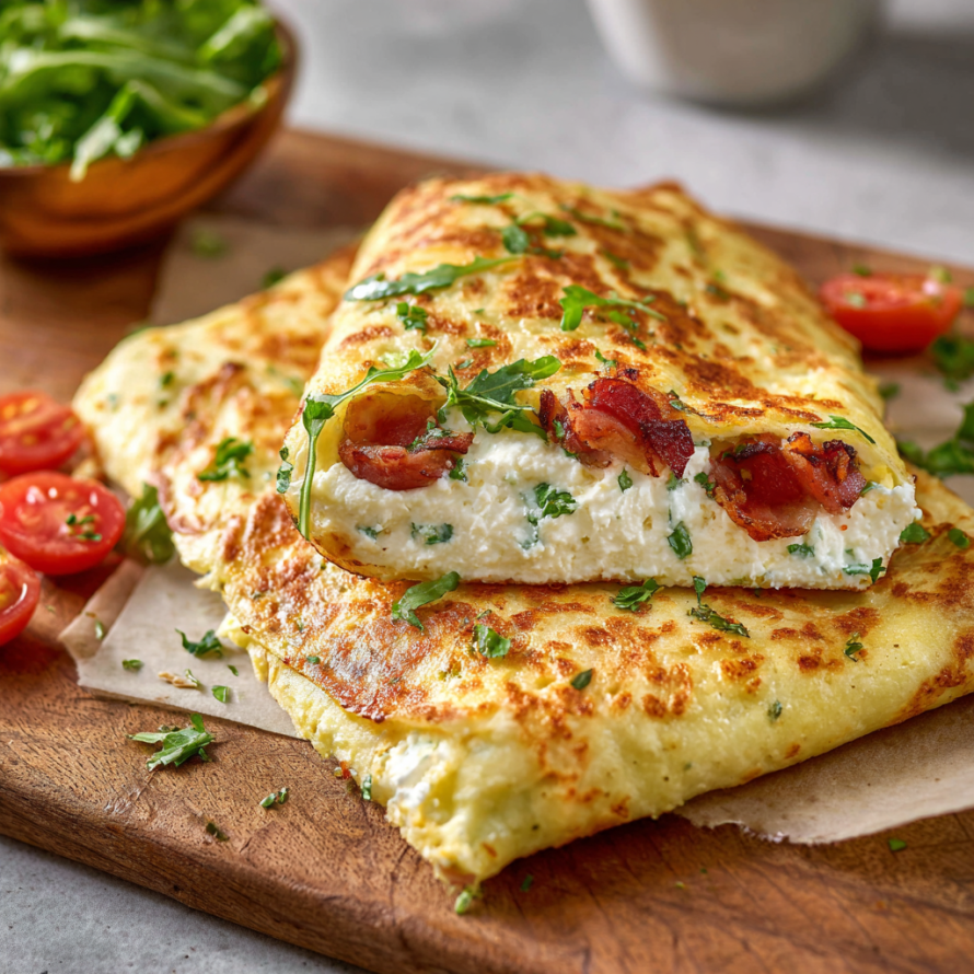 A delicious looking frittata with tomatoes, spinach, and bacon, served on a wooden cutting board.