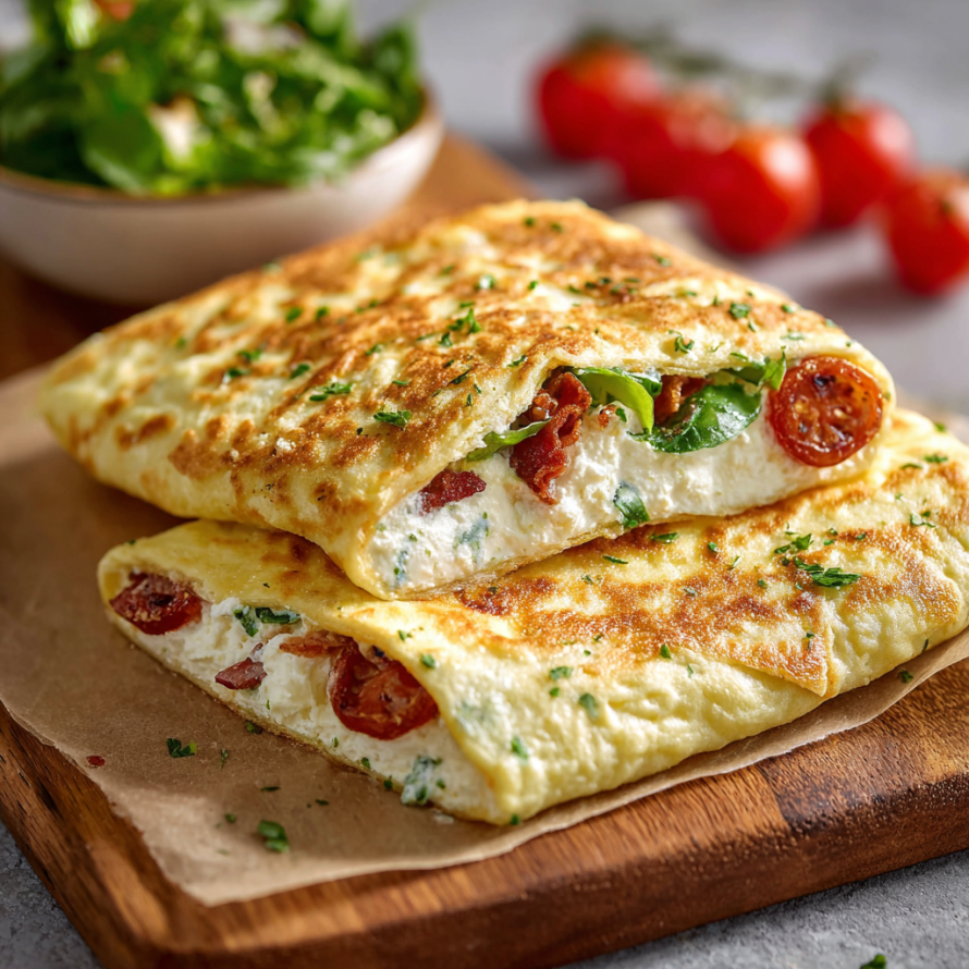 A delicious looking omelette with tomatoes and cheese on a wooden cutting board.
