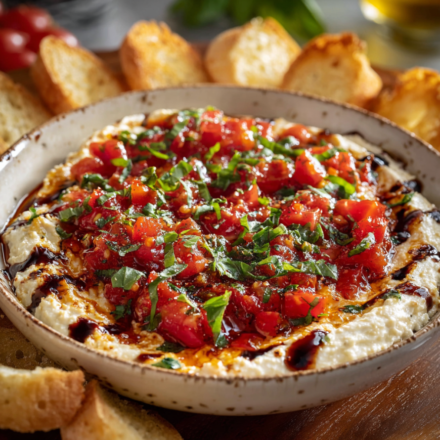 A delicious Bruschetta Dip with tomatoes, basil, and garlic, served in a bowl with a side of crusty bread.