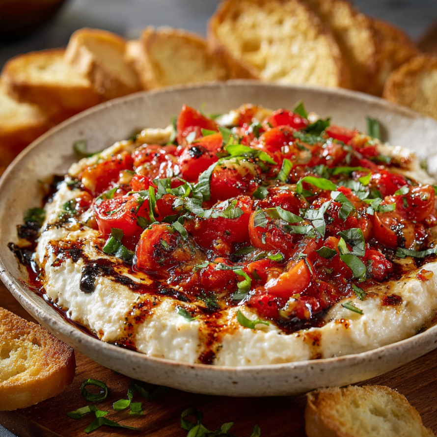 A bowl of freshly prepared hummus with a variety of vegetables and toasted bread.