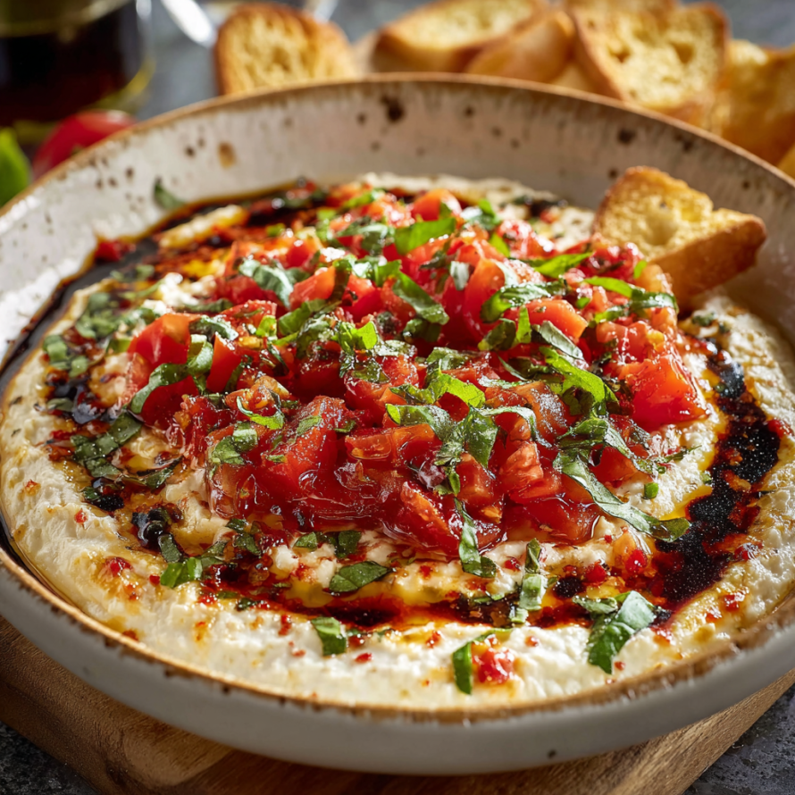 A dish of hummus with tomatoes and basil, served on a wooden cutting board.