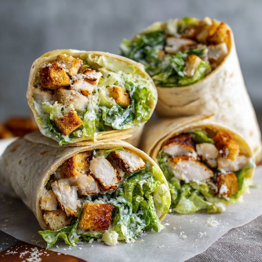 A delicious Chicken Caesar Wrap is displayed on a table, ready to be enjoyed.