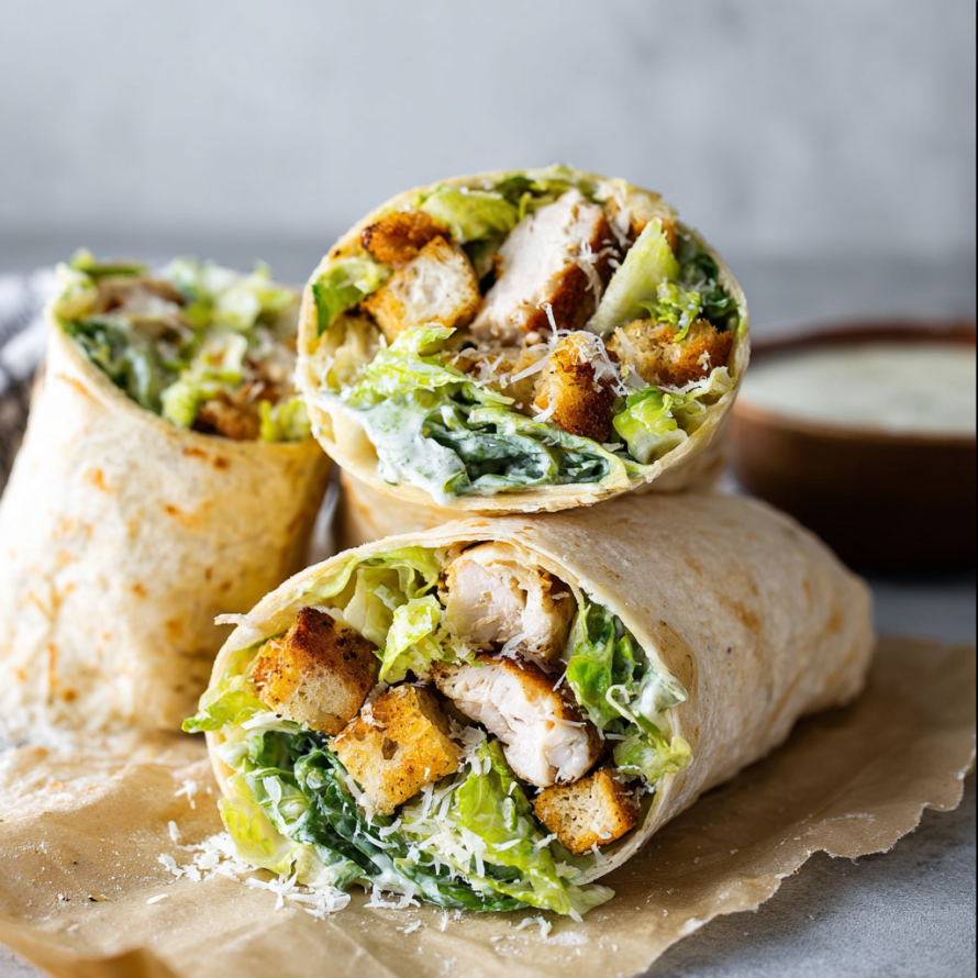 A chicken wrap with lettuce and cheese is displayed on a table.