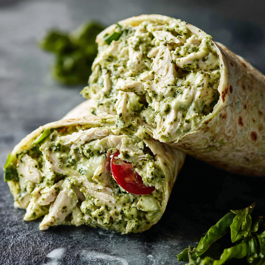 A wrap filled with chicken, tomatoes, and spinach is displayed on a table.