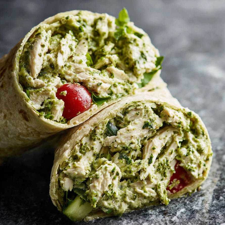 A wrap filled with chicken, vegetables, and a sauce is displayed on a table.
