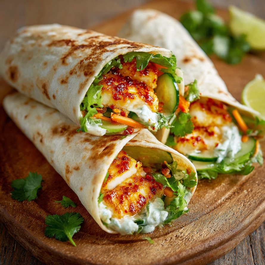 A Sweet Chilli Halloumi Wrap is displayed on a wooden platter.
