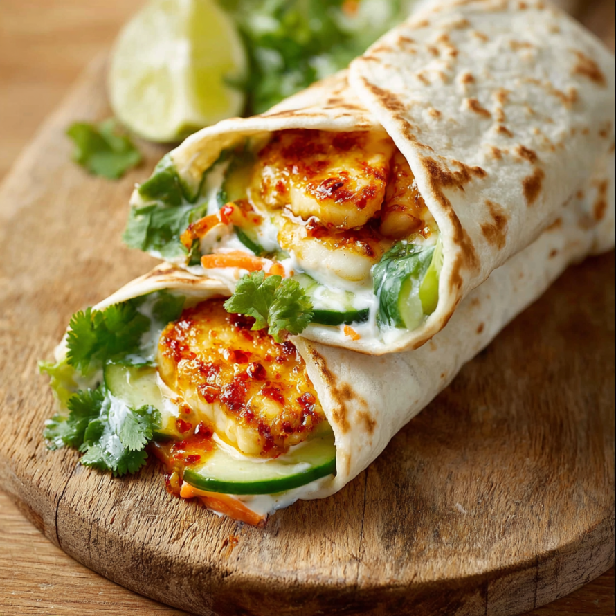 A delicious wrap filled with chicken, vegetables, and a creamy sauce.
