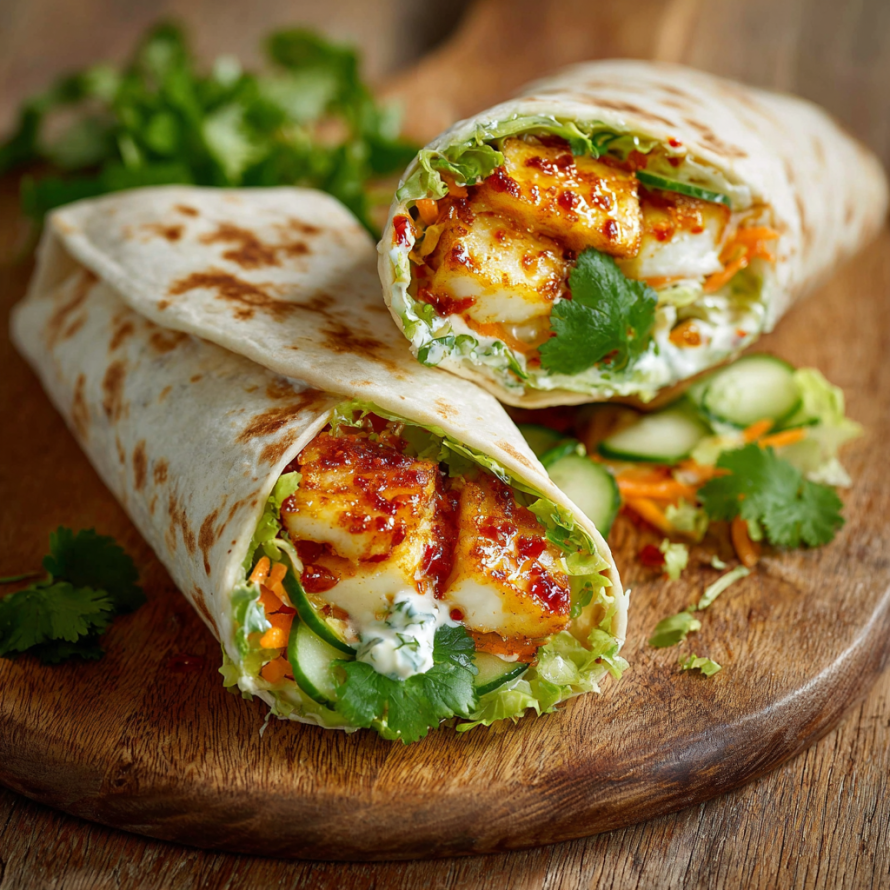 A delicious wrap filled with chicken, cucumbers, and carrots, served on a wooden cutting board.