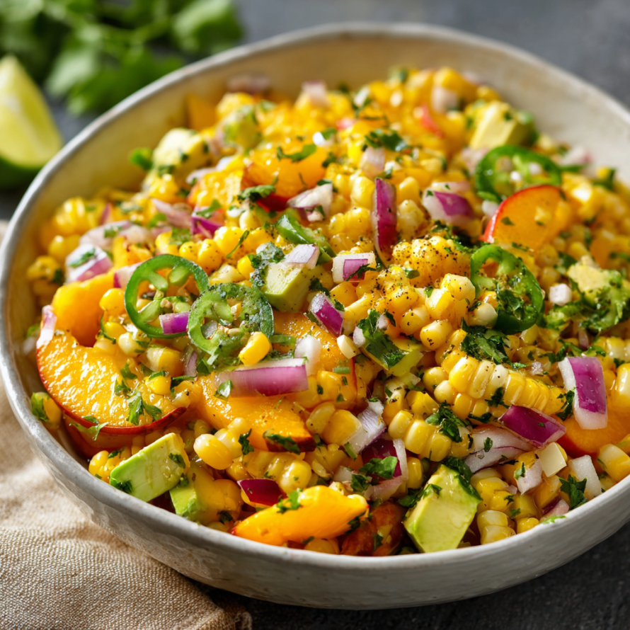 A bowl of Mexican food with a variety of ingredients, including corn, onions, peppers, and lime.