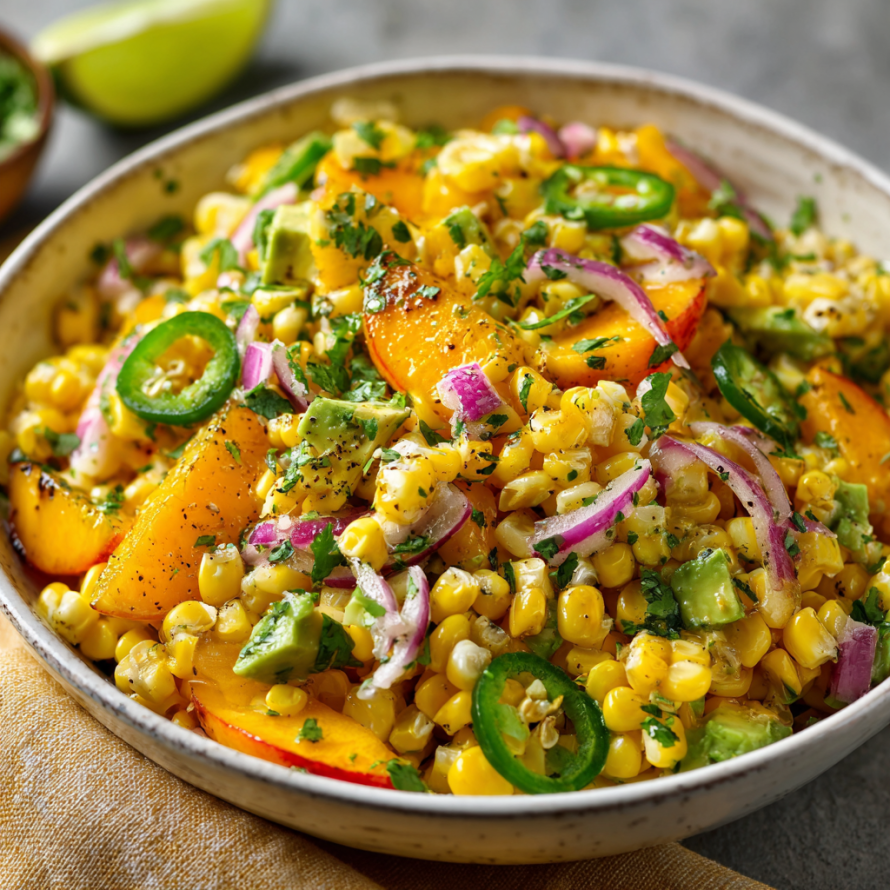 A bowl of Mexican food with peppers, onions, and corn.