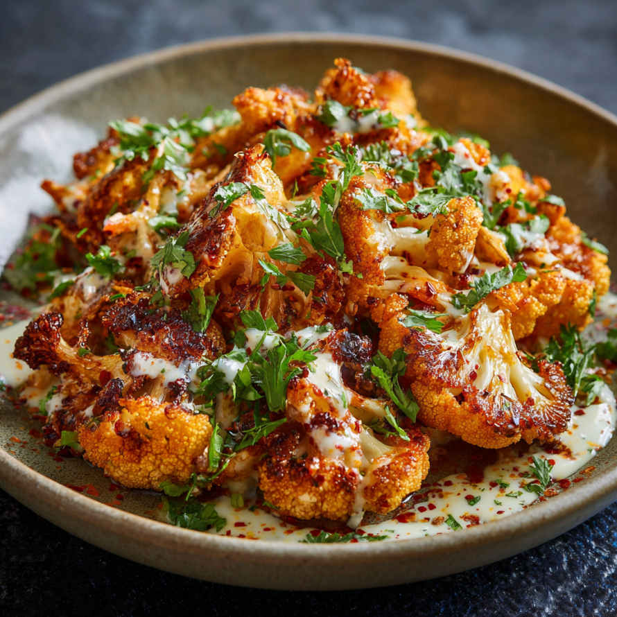 A delicious meal of breaded cauliflower with a creamy sauce, garnished with parsley.