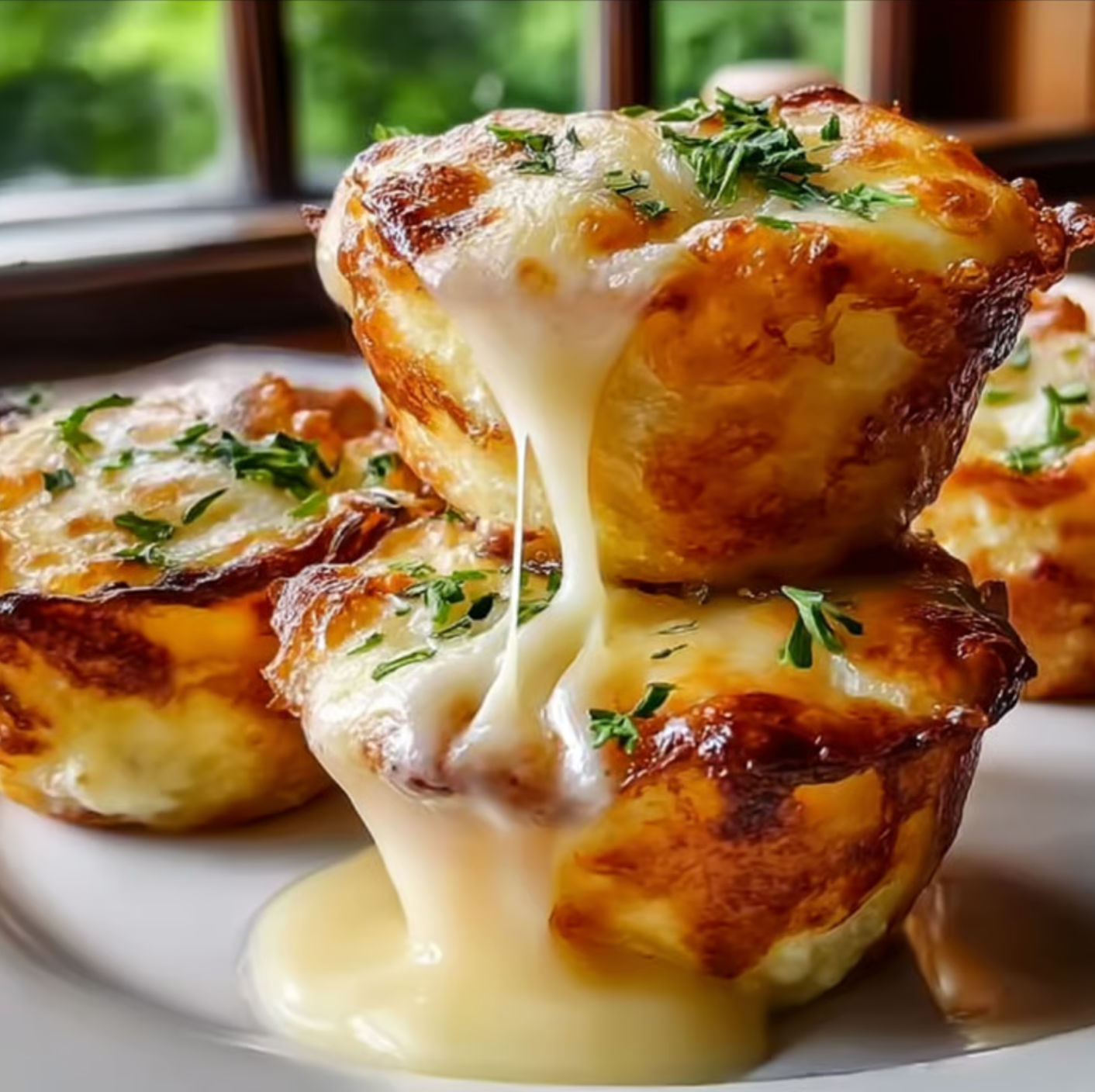 A plate of cheesy mashed potato puffs with sauce dripping off of them.