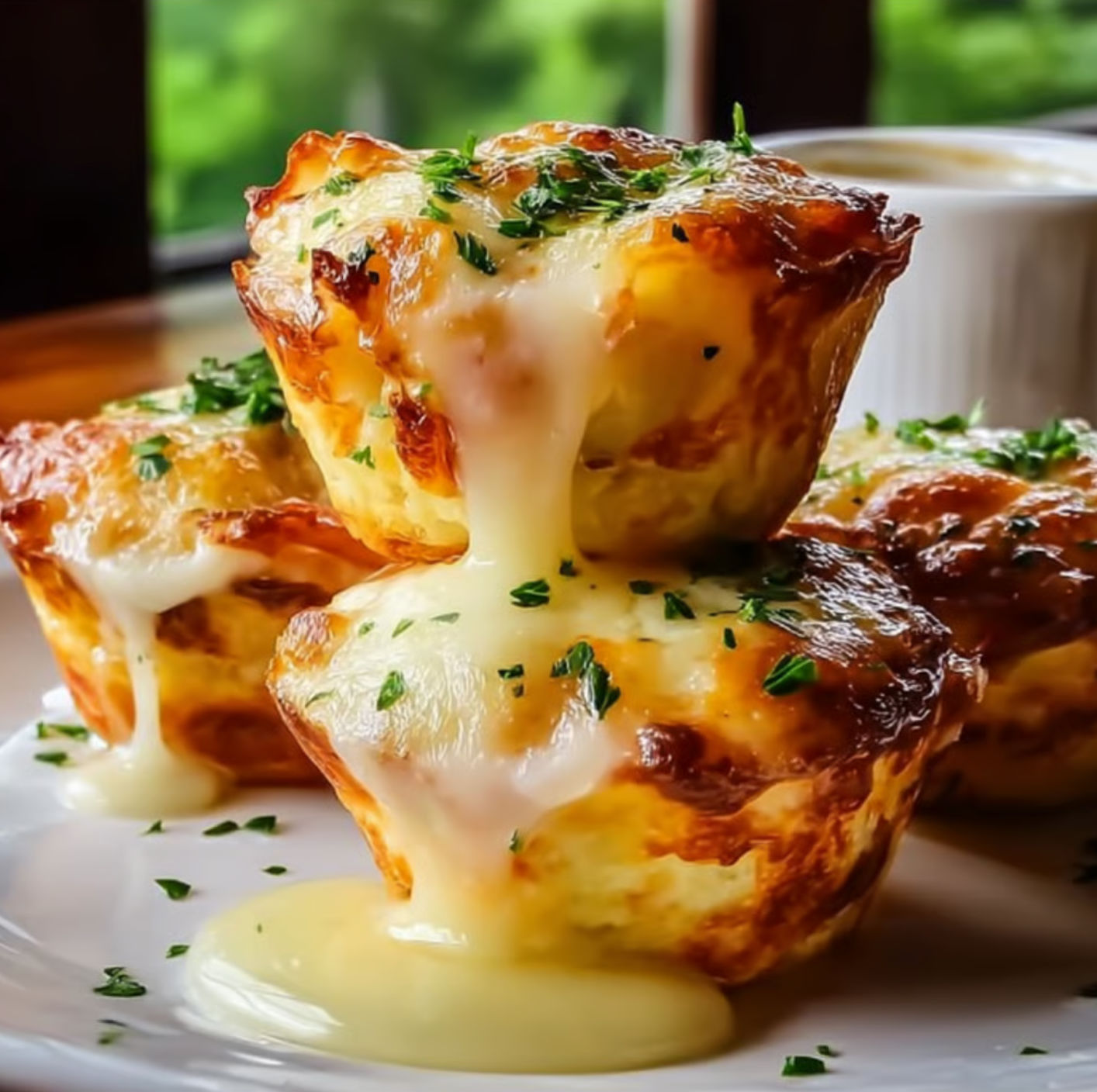 A plate of cheesy mashed potato puffs is served on a table.